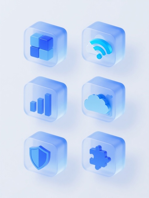 一组6个规整排布的系列UI图标素材集合，每个图标均为圆角立方体透明玻璃容器设计，内部包含不同造型的蓝色系科技相关元素，如方块、云、WiFi信号、柱状图表、安全盾牌、拼图块，整体采用简约现代的3D矢量风预览效果