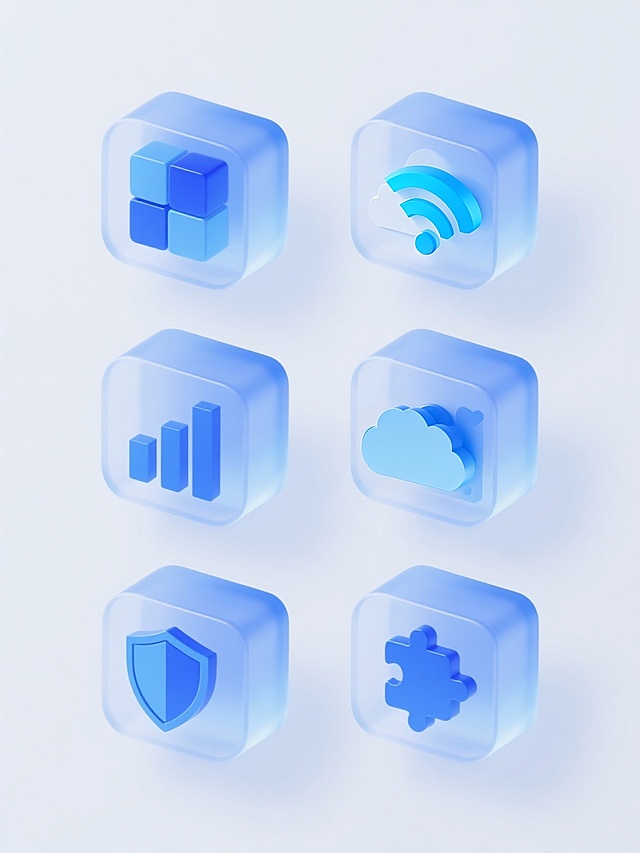 一组6个规整排布的系列UI图标素材集合，每个图标均为圆角立方体透明玻璃容器设计，内部包含不同造型的蓝色系科技相关元素，如方块、云、WiFi信号、柱状图表、安全盾牌、拼图块，整体采用简约现代的3D矢量风格，纯色背景，柔和渐变光影，平滑边缘处理，统一的视觉语言和布局结构，每个图标造型独特且具有识别性，色彩保持蓝色基调的整体变换，传达专业、科技的氛围。