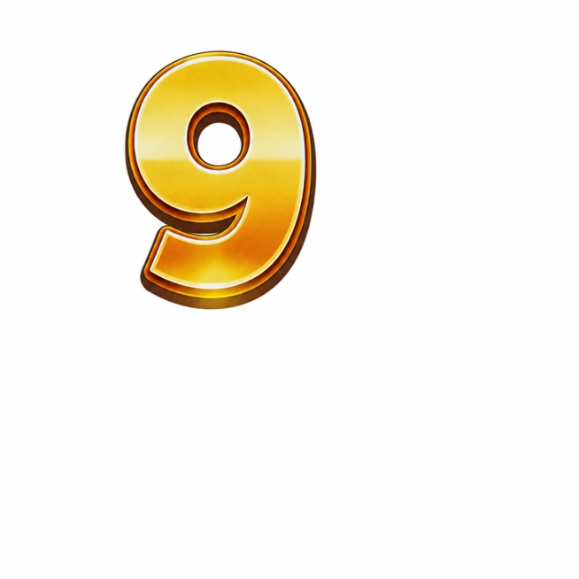 生成数字9，样式为金色立体渐变金属质感，带有棕色外轮廓和白色高光描边，和参考图中数字6的色彩、样式、字体完全一致，白色背景预览效果