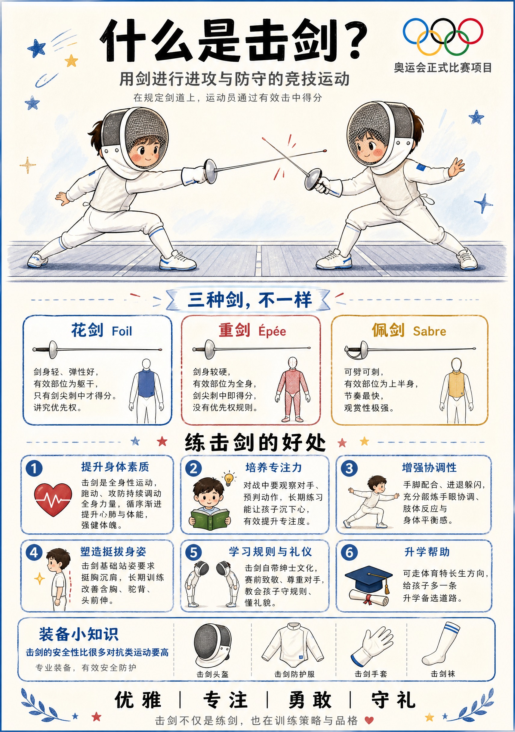 手绘风格击剑科普海报，A3竖版2:3比例，米白色底色，击剑蓝为… - 图片创意预览