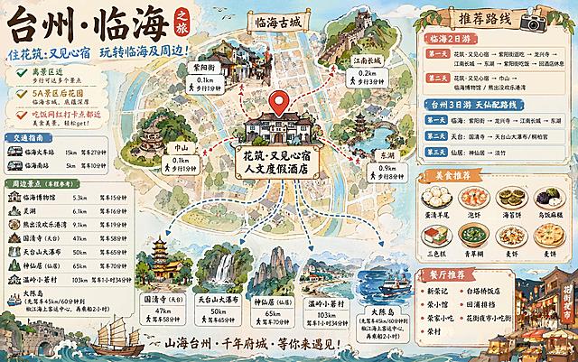 横版动漫风格手绘地图，以花筑·又见心宿人文度假酒店为中心，重点标注离景区近、5A景区后花园，吃饭和网红打卡点都近的特点，在地图上标注所有景点、车站，并标注对应的车程或步行时间：
1.交通：临海火车站15km驾车27分钟，临海南站5km驾车10分钟
2.周边景点：紫阳街0.1km步行1分钟，江南长城0.2km步行3分钟，巾山0.1km步行1分钟，东湖0.9km步行8分钟，临海博物馆5.3km驾车15分钟，灵湖6.1km驾车16分钟，熊出没欢乐港湾9.1km驾车19分钟，国清寺47km驾车58分钟，天台山大瀑布50km驾车65分钟，神仙居65km驾车70分钟，温岭小箬村103km驾车1小时34分钟，大陈岛需先驾车45km60分钟到椒江海上客运中心再乘船2小时
3.推荐路线：
临海2日游：第一天花筑·又见心宿→紫阳街逛吃→龙兴寺→江南长城→东湖→紫阳街吃饭→回酒店休息；第二天花筑·又见心宿→巾山→临海博物馆/熊出没欢乐港湾
台州3日游天仙配路线：第一天临海（紫阳街→龙兴寺→江南长城→东湖），第二天天台（国清寺→天台山大瀑布/桐柏宫），第三天仙居（神仙居→淡竹）
4.美食推荐：蛋清羊尾、泡虾、海苔饼、乌饭麻糍、三色糕、青草糊、麦虾、麦饼
5.餐厅推荐：新荣记、荣小馆、荣家小吃、荣村、白塔桥饭店、回浦排档、花街夜市小吃街
结合台州城市特色元素，文字排版清晰整齐有序，整体为动漫手绘风格