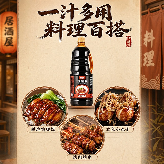 [主图-3] 一汁多用场景展示图，展示照烧酱的多种用法，一瓶多用。
[统一基调] 日式日料风格，整体暖棕与红棕为主色调，搭配深棕与朱红点缀；主标题用粗笔刷书法字体，字色米白配深棕描边，带飞白墨迹质感；辅助文案用清爽细黑体，字色深棕；整体排版舒展留白多，不紧凑，有日式居酒屋温馨质感。背景有日式灯笼、暖帘等元素点缀，营造日料店氛围。
[画面] 产品瓶身位于画面中央偏上，占画面约35%，瓶身完整。下方用三个圆形小图呈品字形排列展示三种使用场景：左上图是照烧鸡腿饭场景，右上图是照烧章鱼小丸子/大阪烧场景，下图是照烧烤肉/烤串场景，每个圆形小图下方有小字标注用途。背景为浅米色和纸纹理，整体干净清爽。
[光影质感] 商业摄影质感，均匀柔和暖光，产品与场景图都清晰明亮，色调统一温暖。
[配色] 浅米白背景，产品深褐酱汁，三个场景图色彩丰富但协调，文字深棕为主。
[文字版式] 画面顶部居中主标题大字："一汁多用 料理百搭"，粗笔刷书法字体。三个圆形小图下方分别标注："照烧鸡腿饭""章鱼小丸子""烤肉烤串"。文字大小层级分明，间距宽松，布局舒展。
[输出要求] 1:1正方形，2048x2048，文字清晰可读，产品清晰完整。禁止变形、错字、模糊、杂乱、水印、平台Logo。