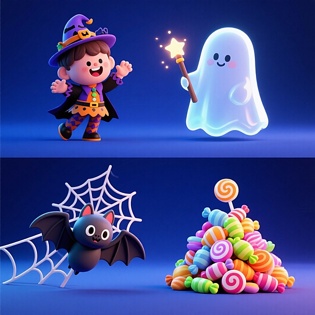 4个万圣节素材组合包括：第一个：小孩万圣节装扮；第二个：可爱幽灵拿着魔法棒；第三个：可爱蝙蝠和蜘蛛网；第四个：糖果堆。深蓝色背景，上下两行，排列整齐