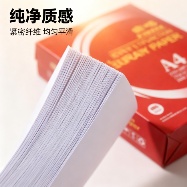 [主图 3] A4复印纸纸张细节展示。[氛围风格] 专业质感，突出纸张品质。[画面元素] 商业摄影质感，光线柔和通透，产品清晰真实，画面干净高级。放大展示宸鸣A4复印纸的纸张纤维细节，浅暖白色背景，侧预览效果