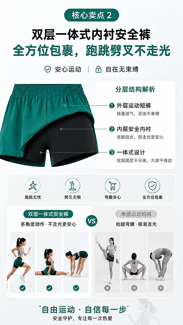 「图片1」，生成一套详情页，商品名称为春夏速干瑜伽短裤女假两件健身运动带口袋跑步瑜伽短裤，适配抖音/快手平台，单图比例为9:16，需求屏数为8张。「图片1」「图片1」「图片1」「图片1」BUBLELAND 双层内衬防走光速干运动短裤｜抖音完整上架详情文案
面料参数：锦纶 88%+ 氨纶 12%
现货四色：森林绿、米杏、经典黑、裸粉色
风格调性：极简轻运动风，顺滑哑光速干面料，宽松 A 字裤型，短句分段适配手机竖屏阅读，全程规避极限宣传词
板块 1｜产品名称・3 版引流大标题（覆盖抖音搜索热词）
爆款综合引流款
双层内衬速干运动短裤女 松紧高腰防走光跑步健身短裤 锦纶宽松遮胯瑜伽五分短裤
通勤休闲流量款
纯色宽松运动短款阔腿裤 自带安全裤遮大腿肉 通勤遛娃百搭休闲短裤
运动精准搜索款
高弹透气速干跑步短裤 普拉提网球训练防走光短裤 不磨大腿健身外穿短裤
板块 2｜核心卖点 & 痛点绑定（5 组硬核卖点，直击穿搭高频痛点）
卖点 1：88% 锦纶 + 12% 氨纶哑光速干面料，轻薄垂顺，出汗不粘腿
痛点：普通棉运动短裤厚重闷汗，跑步、遛娃出汗贴身粘大腿；水洗后发硬起皱，微胖女生穿紧绷显臃肿
卖点 2：双层一体式内衬安全裤，全方位包裹，跑跳劈叉不走光
痛点：单层运动短裤抬腿、弯腰极易走光，需要额外搭配打底裤，多层叠加闷热不透气，频繁运动磨大腿内侧泛红
卖点 3：加宽弹力松紧高腰腰头，收束腰腹赘肉，不卷边不下滑
痛点：窄腰头短裤弹力不足，久坐、跑步频繁下滑；紧绷腰头勒出小腹游泳圈，小个子压低腰线显腿短
卖点 4：侧边立体分割剪裁 + 微 A 阔腿裤型，藏胯修饰粗腿
痛点：直筒紧身短裤紧贴大腿，暴露腿粗、假胯宽；版型宽松无分割，视觉横向拉宽下半身，显壮笨重
卖点 5：高色牢耐磨染色工艺，机洗不易发白、不起球、不易掉色
痛点：彩色运动短裤长期摩擦大腿起毛起球，浅色易发黄，深色水洗大面积褪色，拼接处出现色差
板块 3｜适用人群分层
①核心主力人群（成交占比 60%+：25-35 岁精致妈妈、新锐白领）
兼顾上班通勤、日常带娃、慢跑瑜伽多重场景，拒绝只适合健身房的单一功能性短裤；偏爱简约纯色，追求免搭配、防走光、显瘦遮肉，反感面料闷汗、版型显胖、水洗易变形掉色。
②运动爱好者细分人群
慢跑 / 户外骑行：速干面料快速排汗，双层内衬大幅度跨步不磨肤，高腰设计跑动不滑落；
网球 / 羽毛球：A 字宽松裤腿挥拍舒展无束缚，内置安全裤大幅度跑跳无尴尬；
瑜伽 / 普拉提：高弹面料贴合身体，侧卧、劈叉无紧绷拉扯，轻薄面料不堆积褶皱。
③全身材适配细分人群
梨形身材：微 A 散开裤腿遮挡胯宽、大腿赘肉，弱化下半身厚重感，侧边分割线条纵向拉长腿型；
苹果型身材：加宽高腰均匀收拢腰腹，弹力柔和不勒肉，遮盖小腹松弛赘肉；
小个子 150-165cm：短款裤长 + 高腰设计，视觉拉长腿部线条，不会压身高显五五分；
大腿粗壮 / 假胯宽：宽松阔腿剪裁不贴腿，隐藏腿部线条缺陷；
腰腹有赘肉：宽松紧腰头无压迫感，久坐不卷边、不勒肉。
④次要人群
18-24 岁学生党：柔和四色适配校园、体育课、操场慢跑，版型宽松日常穿搭舒适；
36 + 轻熟女性：米杏、裸粉低调温柔色系，日常散步、轻运动、短途出行简约大气。
板块 4｜四大细分使用场景 + 专属搭配方案
①专业运动场景（慢跑 / 网球 / 瑜伽 / 健身房 / 骑行）
搭配：同色系短款运动背心、圆领无袖上衣，外搭轻薄防晒运动外套
穿搭优势：速干面料运动全程干爽不粘肤，双层内衬大幅度跑跳、拉伸安心防走光，宽松裤腿不束缚肢体活动。
②职场通勤场景（写字楼、午休健身、轻商务下午茶）
搭配：米杏 / 黑色短裤 + 修身纯色短袖、针织吊带，外搭短款西装、薄款开衫
穿搭优势：简约纯色弱化运动感，高腰利落版型显干练气质，午休无需更换下装，直接前往健身房。
③日常遛娃逛街休闲场景（带娃、下午茶、短途出游）
搭配：森林绿 / 裸粉短裤 + 宽松无袖背心、短款 T 恤，搭配小白鞋、帆布托特包
穿搭优势：内置安全裤弯腰抱娃无尴尬，轻薄面料无负重感，纯色百搭，出门无需费心搭配，拍照柔和出片。
④四季搭配场景（春夏单穿，秋冬叠穿）
春夏直接单穿；秋季搭配长筒袜、短款风衣；冬季内搭打底裤、长款羽绒服
穿搭优势：轻薄不臃肿，高腰设计适配各类短款上衣，一年四季衣橱可复用。
板块 5｜详情科普四大知识点（可直接制作详情长图文）
小节 1｜面料工艺科普：锦纶 88%+ 氨纶 12% 黄金配比
锦纶基底特性：高密度哑光速干平纹织造，面料表层布满透气微孔，运动汗液快速导出蒸发，久坐不闷裆、不粘腿；面料自带抗皱属性，折叠存放无顽固褶皱。
12% 高弹氨纶配比：腰头、裤腿双向均匀回弹，拉伸后快速复原，水洗后不会松弛垮塌，微胖、久坐人群无紧绷束缚感。
双层同料内衬工艺：内外面料材质一致，无粗糙内衬摩擦大腿，长时间运动不磨肤，兼顾透气与防走光双重需求。
哑光消光处理：无廉价亮面反光，日常通勤单穿低调得体，不会突兀浮夸。
小节 2｜人体剪裁工学科普
加宽 4cm 无痕松紧高腰腰头：平整弹力包边，贴合腰腹不卷边，柔和收拢小腹赘肉，视觉上移腰线拉长腿部比例。
侧边立体分割缝线：斜向分割线条纵向修饰腿部，弱化假胯宽，视觉收窄大腿维度。
微 A 短款裤长：裤长落在大腿中上段，不暴露、不压个子，修饰 O 型腿、大腿粗壮问题。
高叉加长内衬剪裁：内衬加长包裹大腿根部，抬腿、大幅度运动无走光风险，不束缚腿部活动。
小节 3｜三套多场景成套穿搭搭配技巧
成套健身穿搭：速干运动短裤 + 同色系短款运动背心，整套色彩统一干净，户外跑步、瑜伽拍照氛围感强；
通勤轻商务穿搭：米杏 / 黑色短裤 + 修身纯色短袖 + 平底单鞋，外搭薄款小西装，上班温柔得体，午休直接运动；
休闲日常穿搭：森林绿 / 裸粉短裤 + 宽松无袖背心 + 小白鞋，搭配棒球帽，遛娃、逛街松弛柔和。
小节 4｜洗护保养小贴士（延长版型与面料使用寿命）
洗涤水温：≤30℃冷水轻柔洗涤，禁止热水长时间浸泡，高温会破坏速干纤维、加速面料褪色；
洗涤方式：翻面装入洗衣袋机洗，禁止与牛仔、金属拉链等硬质衣物混洗，避免勾丝、磨花面料；
晾晒禁忌：阴凉通风处悬挂阴干，严禁阳光暴晒，暴晒会导致面料老化、浅色发黄、深色发白；
防变形保养：清洗后轻轻拉扯裤腿恢复版型再悬挂收纳；长期存放悬挂收纳，不要重压折叠，防止腰头、裤腿弹力松弛。