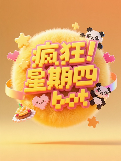 8位像素艺术风格标识设计，像素块状艺术字"疯狂星期四bot"，像素宋体连笔字体，黄色渐变配色，中心构图，周围环绕像素化装饰元素，包含像素化星星、美食、爱心、熊猫，像素装饰元素带渐变，字体有丝带连接，飘预览效果