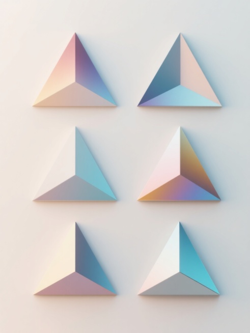 6个不同样式与材质的3D三角形几何元素，采用柔和渐变色彩，以上下两行对齐排列于浅色背景之上，整体呈现现代简约的设计感，每个三角形均具有独特的视觉质感与形态细节，光影过渡自然柔和，营造出清新明快的视觉氛围。预览效果
