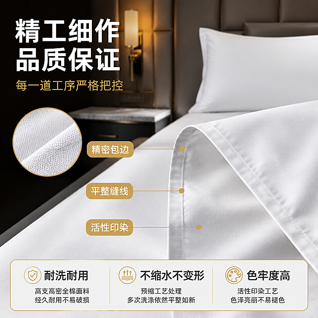 [主图-3] 酒店全棉床单工艺细节与品质保证图，轻奢酒店风格背景，突出做工精细与质量保障。
[氛围风格] 轻奢酒店风格，精致专业，高端雅致，1688 B端品质感。
[画质] 商业摄影质感、细节锐利清晰、棉质纹理分明、画面干净高级。
[元素] 白色全棉酒店床单局部特写，铺在轻奢酒店大床一角，展示床单边角的包边工艺、缝线细节、织物质感；保持床单外观（即物理结构、材质质感、白色颜色）与输入产品图一致，杜绝任何变形和色差。画面中床单折叠一角，露出整齐的包边和细密针脚，旁边放着一个白色酒店枕头。背景虚化的轻奢酒店客房：软包床头、金属壁灯暖光、大理石床头柜一角，整体米灰暖调。左侧有放大的面料微距纹理画中画小图，右侧有工艺细节引线标注。不要出现博楚纺织LOGO。
[光影] 定向侧光突出织物纹理和缝线立体感，包边处有清晰高光，背景暖光虚化，整体专业精致有层次。
[配色] 主色米灰暖白（酒店空间）；辅色金色（引线、标签、装饰）；强调色白色（产品、主标题）。
[视角构图] 45度斜侧局部特写，床单占据画面中部偏右，左侧留出文案和标注空间，景深中等突出工艺细节。
[文字版式] 左上大标题"精工细作 品质保证"白色超粗黑体，下方金色小字"每一道工序严格把控"。画面左侧三条金色细线引线指向床单关键工艺点，引线末端金色圆角标签内白色字："精密包边""平整缝线""活性印染"，标签整齐排列。底部通栏半透明白色底，金色边框，内深灰色字分三列：列一"耐洗耐用"列二"不缩水不变形"列三"色牢度高"，每列上方大字下方小字说明。文字专业清晰，突出品质工艺卖点。
[输出要求] 1:1比例，文字清晰锐利，超高清商业摄影质感。
[负向提示词] 变形，文字错乱，产品图模糊，背景杂乱，水印，电商平台Logo，博楚纺织LOGO，多余的手，畸形手，人物面部扭曲。