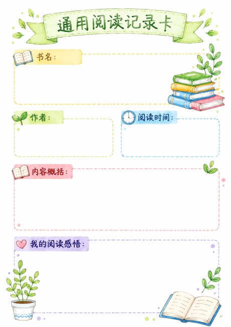 马克笔手绘风格，竖版尺寸210*297，第一张通用阅读记录卡，包含分区：书名、作者、阅读时间、内容概括、我的阅读感悟，每个分区预留填写区域，装饰书本和植物小元素，色彩清新，马克笔风格，留白充足预览效果