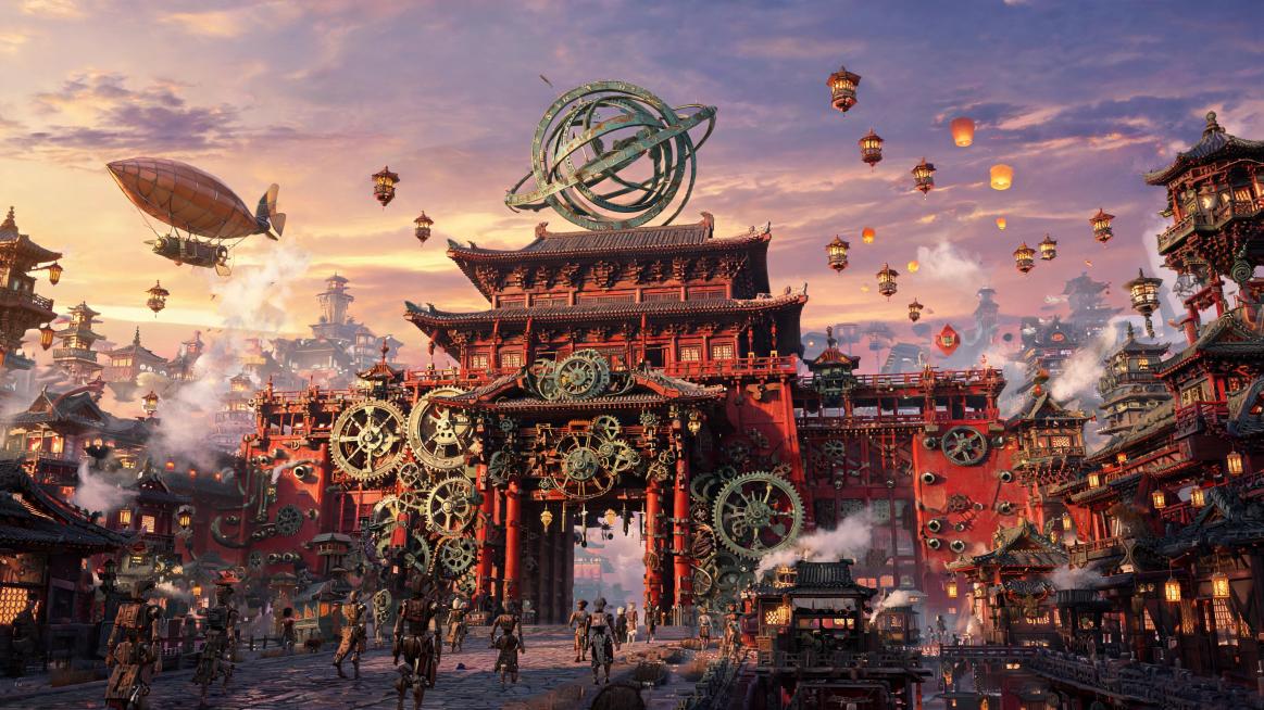 史诗级CG全景，蒸汽朋克与大唐美学融合的机关长安城。巨大铜制齿轮嵌于朱红木构之间，榫卯结构与发条机关精密咬合，蒸汽从坊墙管道中袅袅升腾，与黄昏暮色交融。朱雀门上方悬着巨大的铜制浑天仪缓缓转动，宫灯以机预览效果