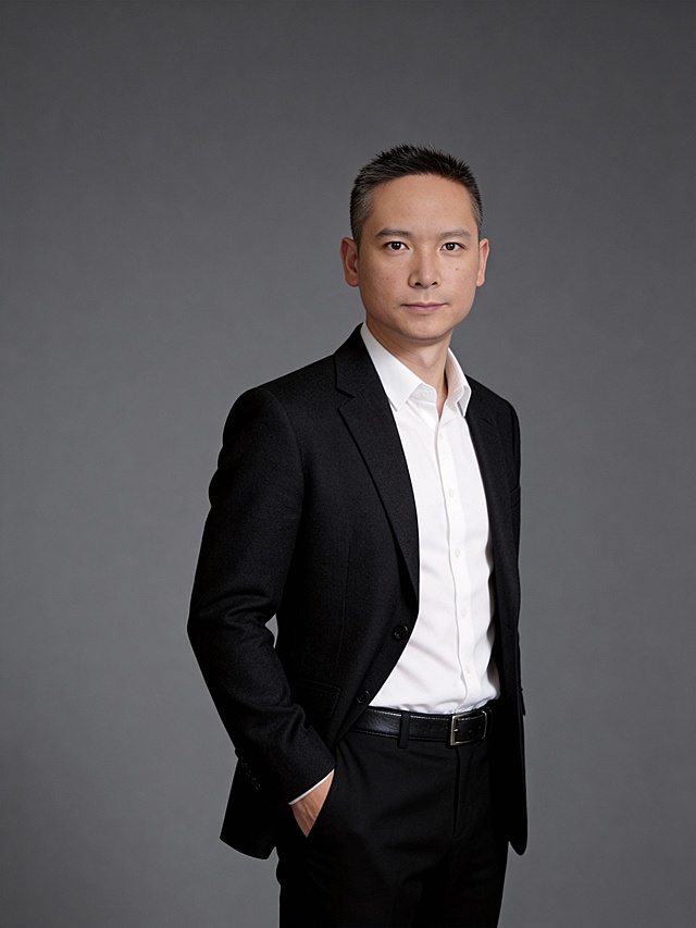 参考第一张图保留人物脸型､发型､年龄等特征生成职场形象照,参考第二张图人物占位和比例,标准焦段50mm,F/4光圈(F/2.8-F/4区间),平视视角(镜头与人物视线齐平);人物占画面70%,人物居中(居中构图),位于画面中心,为视觉聚焦点,入境范围头部及以下至臀部下方10cm(半身像);左右留少量背景空间;头部与画面顶部保留5%空间;头部发型完整,头肩比例协调;身着深黑色精纺羊毛混纺西装(面料呈细腻微微哑光质感);内搭高支精梳棉白色衬衫(面料带轻微柔光质感);下装同色系深黑色西裤,深色头层牛皮细皮带(宽度1.5cm),着装正式干练;正式严谨专业稳重,身形匀称,姿态端正｡呈正面单手插兜的站立姿态仅露出手腕部分),肢体自然,自信从容;发梢微微修整干练大气,主体锐利,影棚侧光布光(主光来自画面前方),明暗过渡柔和,背景光线均匀,强化色彩对比的高级感｡简约偏冷调中深灰度纯色背景(呈现均匀柔和质感),极简干净;32K画质超高分辨率､细节清晰,现代精致感风格;肤质精细化处理;眼神直视镜头,目光坚定且澄澈,表情自然.嘴角上扬;面部光比1:1.5,4800K中性光,微微修饰脸型,肤质哑光细腻,面部雾面柔光,轻透裸肌感,真实毛孔纹理,32K画质,去除人物之外的所有元素｡严格按照第一张图内容生成｡