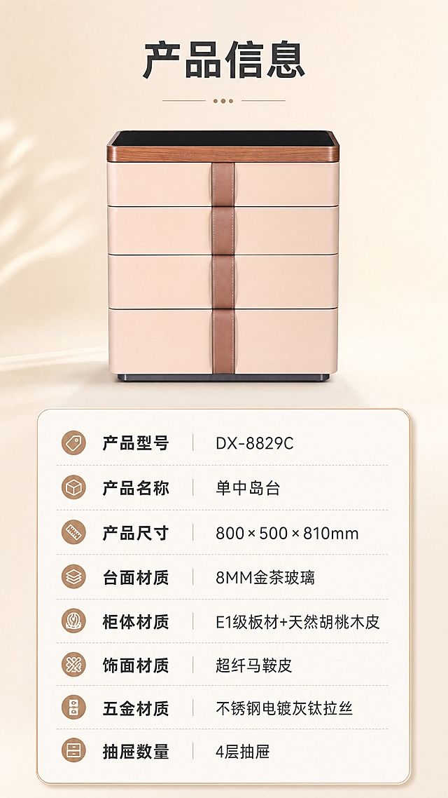 [商品] 使用【图1】DX-8829C单中岛台四斗柜；保留整体结构、比例和外观颜色；商品处理：保留原有结构和颜色，产品正面清晰展示，作为参数页产品示意图。
[画面] 目标：产品信息参数页，规格收口。构图：上下分区型，上半部分产品正面立视图居中展示，产品占画面约40%，下半部分为清晰的参数表格，背景为明亮浅米色，整体简洁专业，信息清晰。
[视觉] 套系策略：风格=现代轻奢高级商业摄影；标题字=现代无衬线粗体；正文字=简洁无衬线体；主色=暖米杏；背景延展=基于暖米杏做深浅层级、同色渐变和细腻哑光质感；强调色=胡桃木棕+灰钛金，仅用于小面积图标、引线和标签；标题色=深炭灰；正文色=中暖灰；组件=圆角浅底信息卡、细线引线、轻奢金属边框；光影=左前侧暖柔光，明亮通透。
[文字] 顶部标题「产品信息」，下方参数表包含：产品型号「DX-8829C」、产品名称「单中岛台」、产品尺寸「800×500×810mm」、台面材质「8MM金茶玻璃」、柜体材质「E1级板材+天然胡桃木皮」、饰面材质「超纤马鞍皮」、五金材质「不锈钢电镀灰钛拉丝」、抽屉数量「4层抽屉」；文字全部横排，表格清晰易读，手机端可辨识。
[规格] 图片比例9:16竖版，4K分辨率，避免变形、错字、文字过小、冷蓝背景、产品颜色改变、结构失真、极限词。