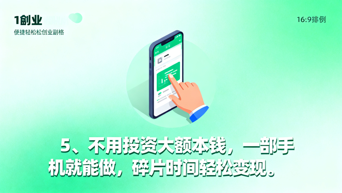 创业副业海报，尺寸比例16:9，便捷轻松风格，画面包含手机办公插画，浅绿渐变背景，搭配醒目的文字文案："5、不用投资大额本钱，一部手机就能做，碎片时间轻松变现。"，突出手机副业灵活变现主题预览效果