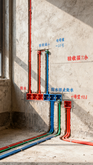 装修行业，规范水电验收现场效果图，墙面开槽标准，水电点位标识清晰，防水工程到位，专业施工工艺，杜绝装修返工问题，高清写实装修效果图预览效果