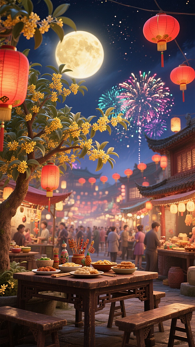 背景是热闹的中秋夜市，有挂花树，灯笼，烟花，以及古色古香占据整个背景下方的桌子