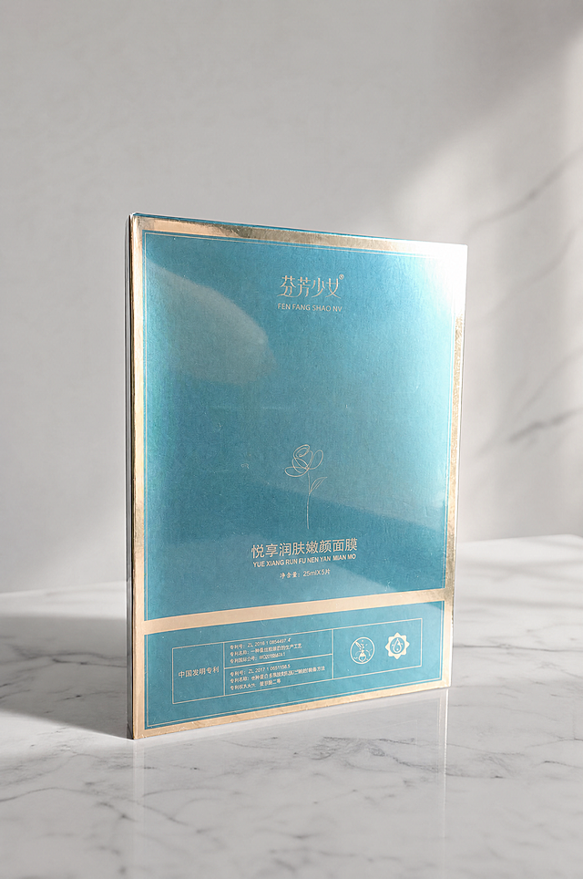 将背景替换为极简干净的浅灰色大理石台面场景，柔和自然光从侧方照射，背景为纯净的浅灰色墙面，简洁高级，产品为第一视觉焦点。面膜盒严格参照上传产品图，完整保留所有可见组件、轮廓、结构、比例、材质、颜色与产品本体上的文字信息（logo/型号/规格等），与上传图完全一致；自然融入场景光影，与场景共处同一物理空间，盒面有细腻的环境反光，底部有自然柔和的投影。画面干净简洁，无多余杂物，轻奢高级感。