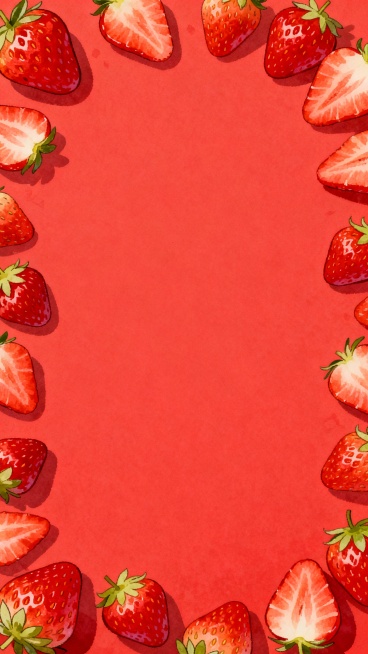 生成红色底，四周都有各种草莓环绕的海报背景，有切开的草莓，草莓小一点，空出中间的空白区域，不要产品图和文字，图片比例9:16预览效果