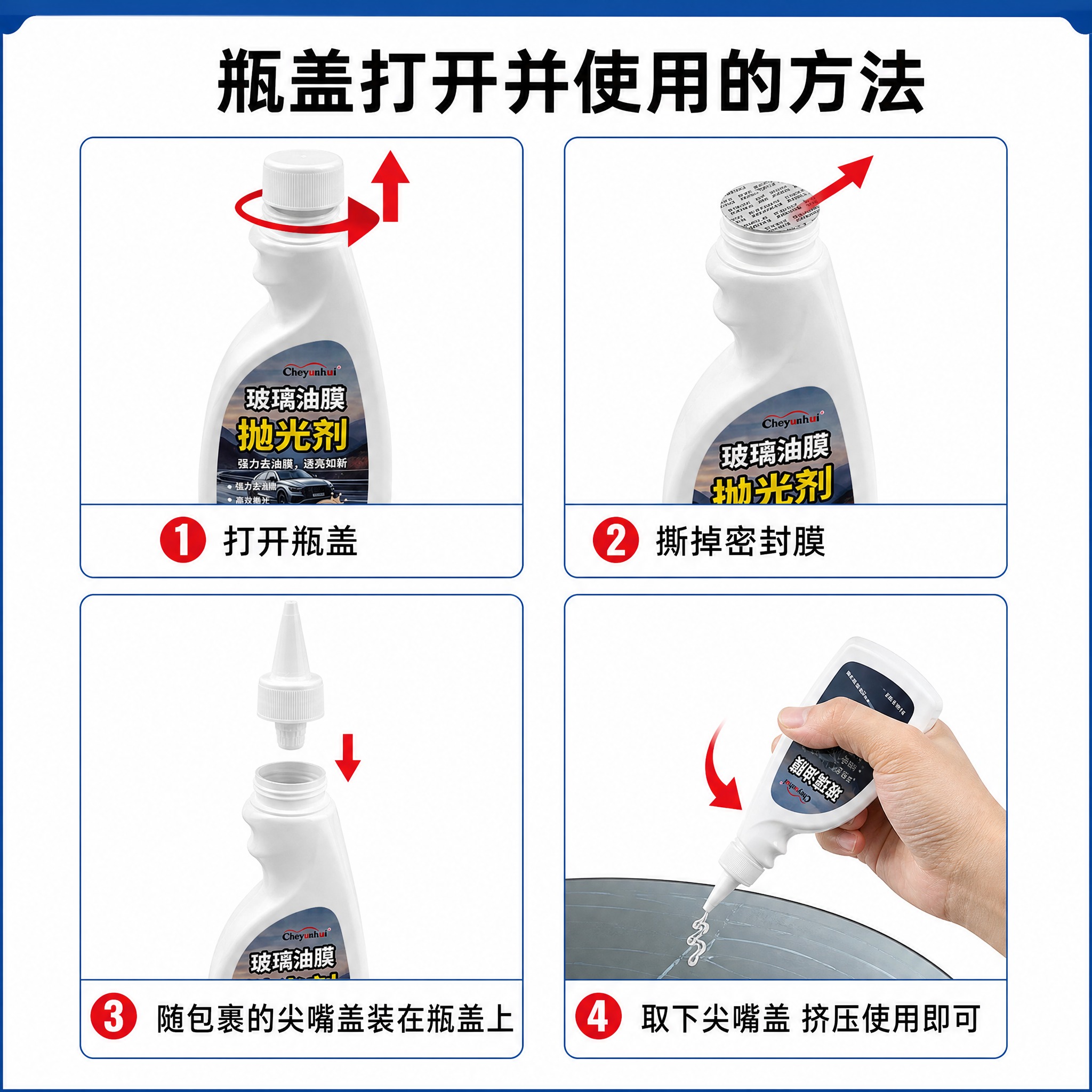 [主图-3] 瓶盖开启操作图，核心任务是用四步图解清晰展示瓶盖… - 图片创意预览