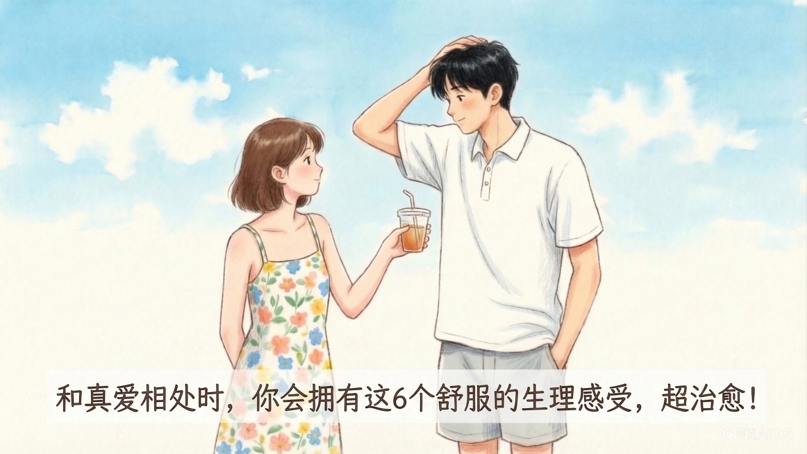 在原图下方合适位置将原文字替换为：和真爱相处时，你会拥有这6个舒服的生理感受，超治愈！保持图片整体风格、构图和其他元素不变预览效果