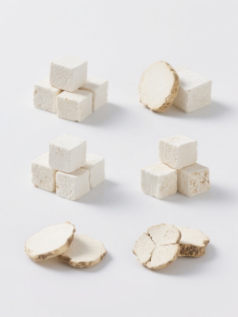 一套6个规整排布的素材，每个素材均为纯白色背景下的写实风格摄影图像，画面主体为不同形态的茯苓。每个茯苓素材都保持清晰的材质细节，展现茯苓块特有的细密纹理、自然的白色或略带浅黄的色泽、以及干燥药材的质感。素材中的茯苓可能呈现为大小不一的方块堆叠、单个完整茯苓切片、不同角度摆放的茯苓块、或带有细微自然裂痕的茯苓等多种变化形态，每个素材均无任何文字、logo或水印，整体风格统一，突出茯苓的自然形态与……预览效果