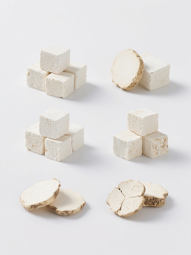 一套6个规整排布的素材，每个素材均为纯白色背景下的写实风格摄影图像，画面主体为不同形态的茯苓。每个茯苓素材都保持清晰的材质细节，展现茯苓块特有的细密纹理、自然的白色或略带浅黄的色泽、以及干燥药材的质感。素材中的茯苓可能呈现为大小不一的方块堆叠、单个完整茯苓切片、不同角度摆放的茯苓块、或带有细微自然裂痕的茯苓等多种变化形态，每个素材均无任何文字、logo或水印，整体风格统一，突出茯苓的自然形态与质感，适合作为药材或健康食品的展示素材。