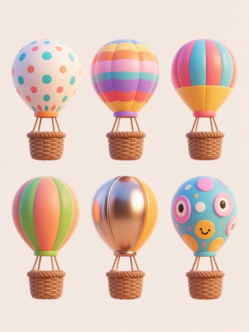 3D渲染风格，六个不同样式和材质的热气球元素，包括条纹图案、波点纹理、渐变色、哑光质感、金属光泽和卡通涂鸦风格，每个热气球色彩鲜艳明快，具有圆润饱满的造型和清晰的编织纹理细节，下方连接棕色藤编吊篮，整体排列为上下两行各三个对齐分布，背景为纯净浅色，画面简洁明快，充满童趣与活力，光影柔和，高光自然，边缘清晰无阴影，适合作为设计元素使用。预览效果
