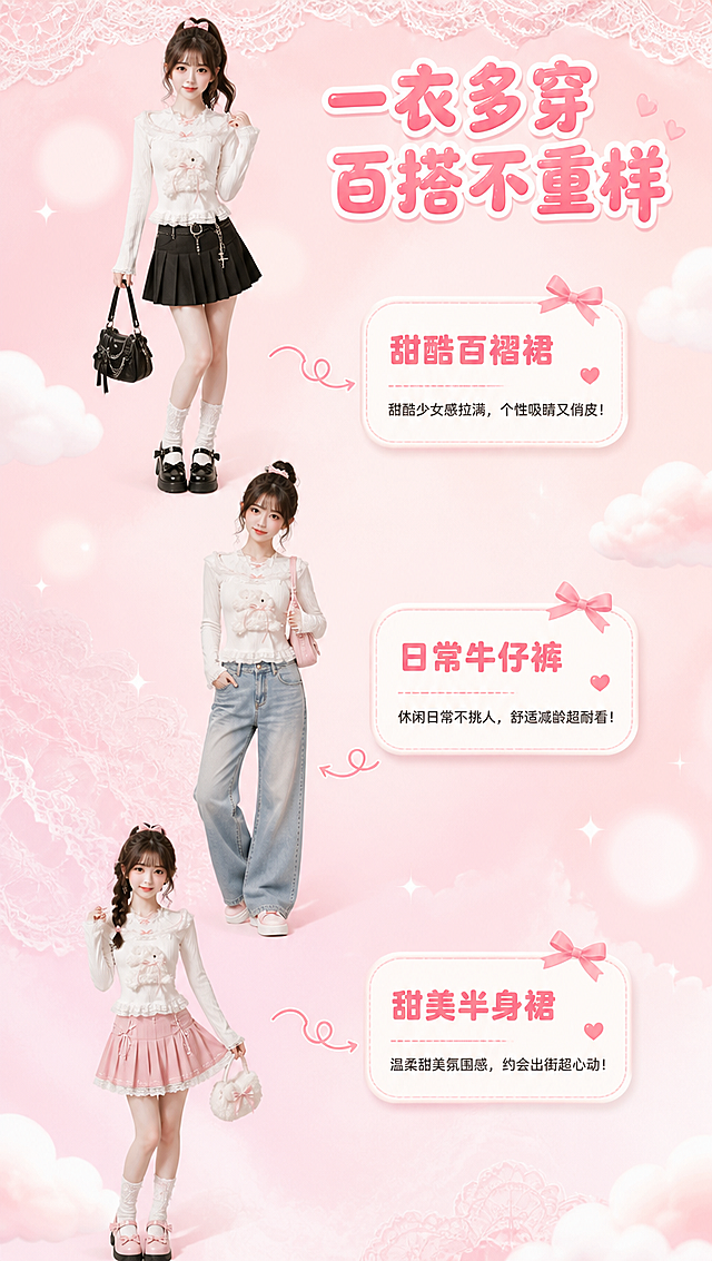 [商品] 使用【图1】白色蕾丝挂脖毛绒兔子长袖上衣；商品处理：保留挂脖蕾丝领口、粉色蝴蝶结、胸前立体毛绒兔子、坑条针织面料、下摆蕾丝荷叶边、长袖版型和白色主色；自然去皱，增强面料质感，不改变版型和结构。
[画面] 目标：搭配灵感页，展示3套穿搭方案；构图：竖向排列3套穿搭，每套为亚洲少女模特全身造型，上衣保持同款同色，下装分别为：黑色百褶裙（甜酷风）、浅蓝色牛仔裤（日常风）、粉色半身裙（甜美风）；每套旁配小标签；背景为柔粉色渐变+白色云朵装饰；阅读动线从上到下依次浏览3套搭配。
[视觉] 套系策略：风格=甜美少女风商业摄影；标题字=圆润可爱粗体字带粉色渐变；正文字=简洁圆润无衬线体；主色=柔粉色+奶白色；背景延展=基于粉白做渐变晕染、蕾丝纹理和柔焦光斑；强调色=蜜桃粉，仅用于小面积图标、引线和标签；标题色=蜜桃粉渐变；正文色=深粉灰；组件=圆角白色信息卡、粉色细丝带引线、蝴蝶结装饰元素；光影=前侧柔光灯效，暖粉色调，软萌氛围感。
[文字] 顶部主标题「一衣多穿 百搭不重样」，3套搭配标签：甜酷百褶裙、日常牛仔裤、甜美半身裙；每套配1句风格描述；文字横排，不遮挡人物和服装。
[规格] 图片比例9:16竖版，4K分辨率，拼多多风格，避免变形、错字、文字过小、冷蓝背景、衣服颜色改变、版型失真。