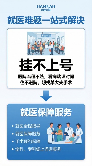 制作9:16竖版医疗服务宣传海报，主题为“挂不上号”，搭配对应服务“就医保障服务”，风格专业温暖，蓝白配色，图文结合突出痛点与服务预览效果