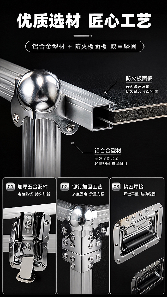 [商品] 使用【图2】【图3】【图4】航空箱细节图；图2铝合金包边+球形包角，图3弹簧锁扣五金，图4内嵌式提手；保留金属光泽、螺丝细节、真实材质纹理，用于材质工艺微距展示。
[画面] 目标：材质工艺页，微距展示航空箱的优质材质与精湛工艺。构图：上下结构，上半部分主视觉为铝合金型材截面+防火板板材的微距拼接；下半部分分3小格展示五金配件、焊接工艺、铆钉固定的细节。景别：微距特写。前中后景：深色聚光背景，突出材质纹理和金属光泽；各细节区域独立布光。阅读动线：从上到下，先看主材质再看工艺细节。
[视觉] 套系策略：风格=工业风硬朗商业摄影，高级质感；标题字=粗黑体，厚重有力；正文字=简洁无衬线黑体；主色=炭黑+金属银；背景延展=深炭黑渐变背景，局部聚光突出材质；强调色=亮银色，仅用于小面积图标和高光点缀；标题色=纯白；正文色=浅银灰；组件=材质标注引线、数据浮窗、圆角信息卡；光影=侧光+顶光组合，突出金属拉丝纹理和板材表面质感。
[文字] 顶部主标题「优质选材 匠心工艺」。主视觉区标注「铝合金型材 + 防火板面板 双重坚固」。下方三格分别：① 加厚五金配件 — 电镀防锈 持久如新；② 铆钉加固工艺 — 多点固定 承重力强；③ 精密焊接 — 焊缝平整 结构稳固。文字全部横排，材质描述保守真实。
[规格] 图片比例9:16竖版，4K分辨率，负向提示：避免变形、缺件、颜色偏差、文字模糊、竖排文字、斜排文字、卡通风格、塑料质感、极限词、材质失真、虚假成分标注。