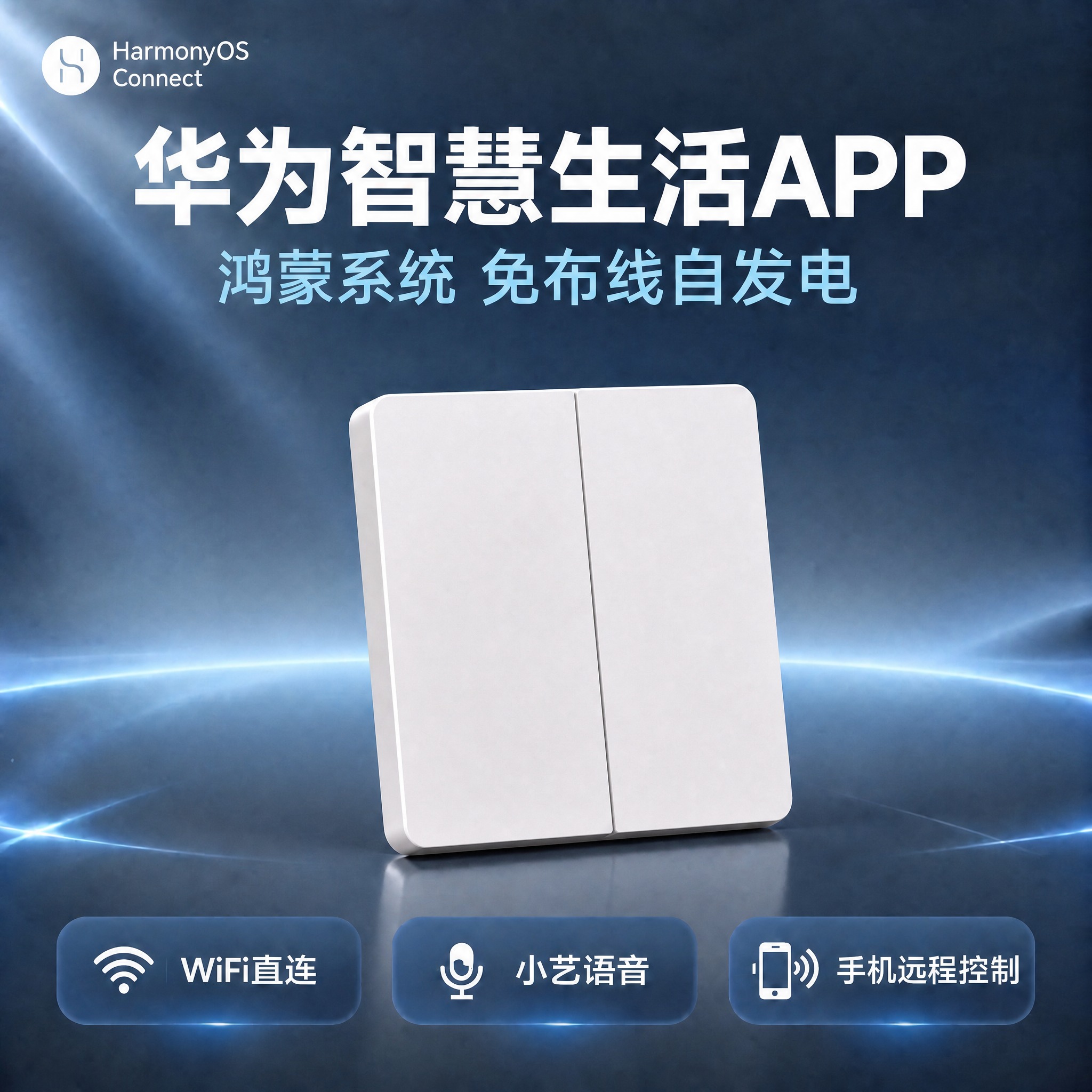 第二张图：将一开开关替换为二开双键开关，产品位于画面中央，尺寸… - 图片创意预览
