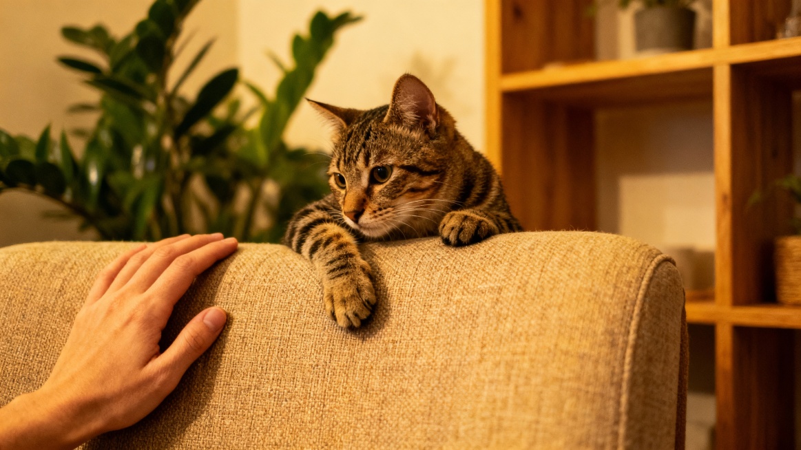 人猫互动居家场景图，斑纹猫咪扒在布艺座椅靠背，人手轻触座椅，背景配绿植与置物架，温馨柔和的宠物日常风格，高清质感，突出互动感与居家松弛感预览效果