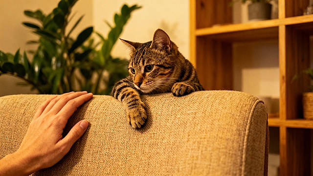 人猫互动居家场景图，斑纹猫咪扒在布艺座椅靠背，人手轻触座椅，背景配绿植与置物架，温馨柔和的宠物日常风格，高清质感，突出互动感与居家松弛感