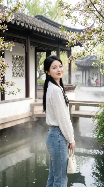 保持米白色新中式娃娃领刺绣衬衫和浅蓝色牛仔裤服饰不变，8K超高清，治愈系清新国风大片，全身人像，20岁左右温婉灵动江南女生，鹅蛋脸清透淡妆，黑长直长发配白色玉兰花发簪，气质温婉恬静；生成和之前所有姿势预览效果