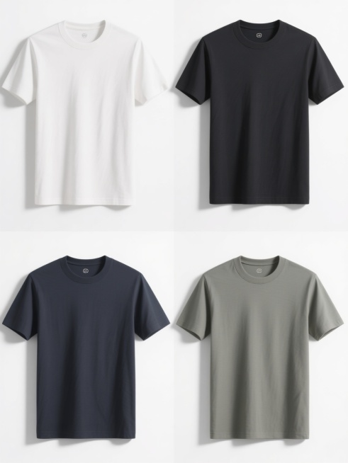 极简主义风格白底T恤产品展示图，上下两行对齐排列四个不同配色、不同样式、不同材质的T恤，每个T恤均为正面平视视角，清晰展示领口、袖口和衣身轮廓，高分辨率，边缘锐利，色彩准确，阴影柔和自然，无任何文字、LOGO及装饰元素，纯粹的服装形态展示，突出面料质感与剪裁细节。预览效果