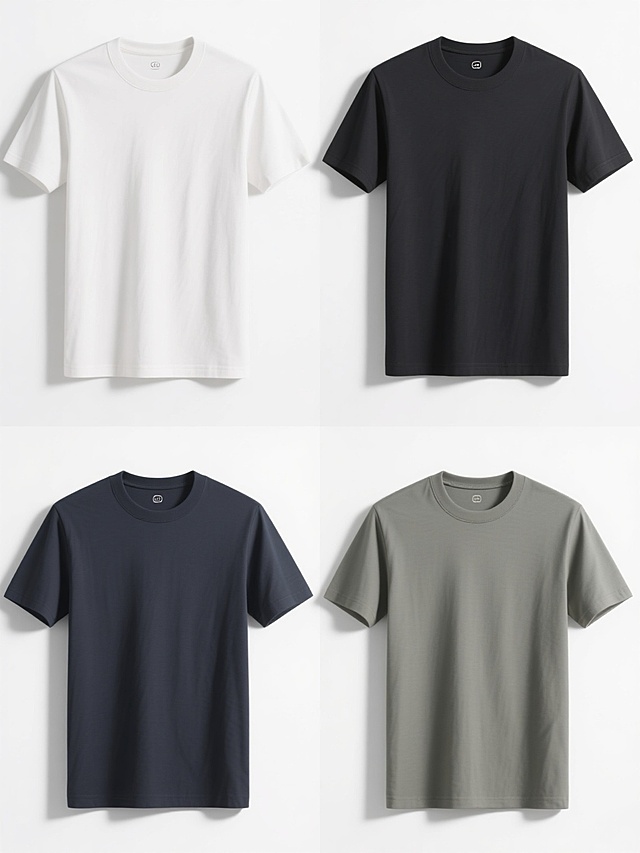 极简主义风格白底T恤产品展示图，上下两行对齐排列四个不同配色、不同样式、不同材质的T恤，每个T恤均为正面平视视角，清晰展示领口、袖口和衣身轮廓，高分辨率，边缘锐利，色彩准确，阴影柔和自然，无任何文字、LOGO及装饰元素，纯粹的服装形态展示，突出面料质感与剪裁细节。