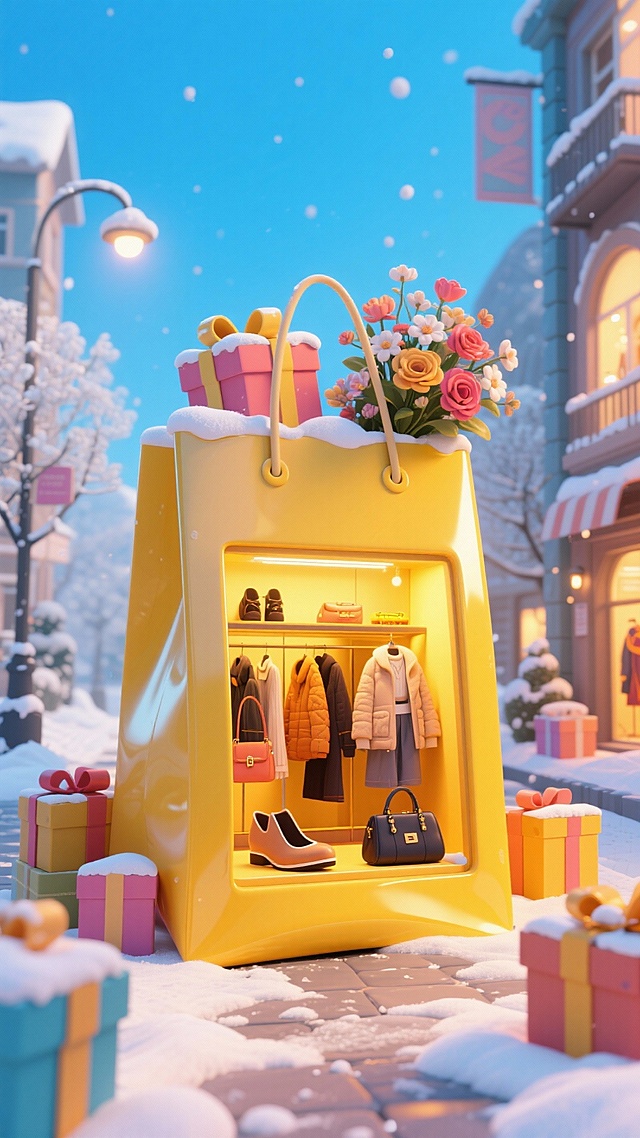 梦幻感与温馨感交织的冬日街景，巨型黄色购物袋化作微缩时尚橱窗，融合3D风与软3D质感，呈现潮流穿搭与节日礼物的甜蜜碰撞。