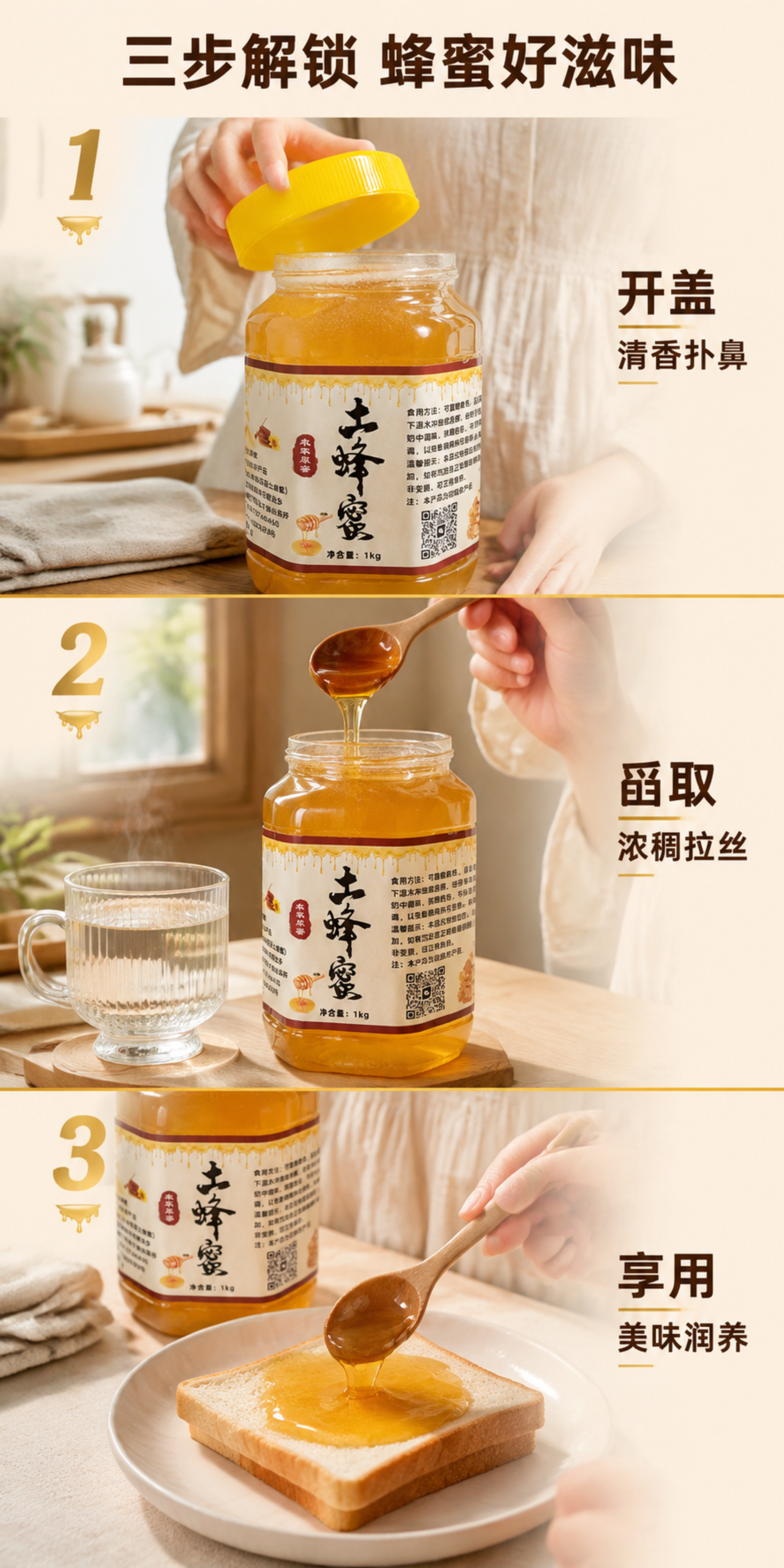 [第6张] 详情页手部操作-舀蜜冲调抹面包动作展示。本张使用【… - 图片创意预览