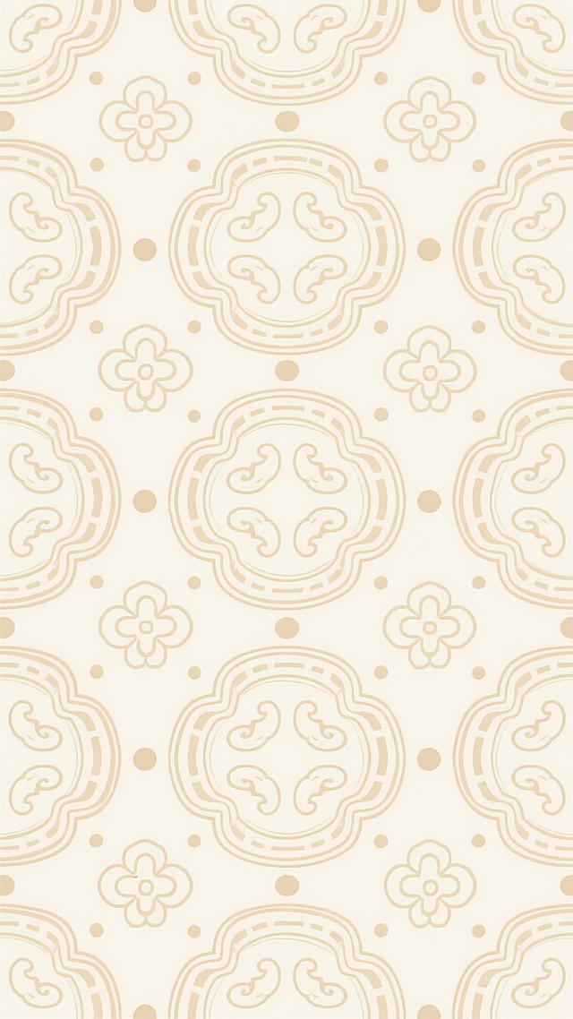 中式传统风格无缝背景底纹，米白色背景上以浅金色线条勾勒，采用连续对称的几何图案布局，包含变体回纹、简化祥云纹样和圆点连接元素，整体呈现典雅庄重的东方美学韵味，纹样排列整齐有序，线条流畅细腻，色彩搭配和谐统一，具有传统吉祥寓意的经典中式装饰图案。