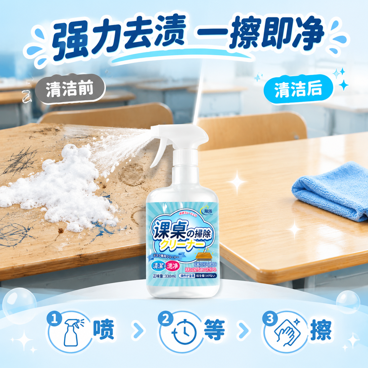 [主图-2] 核心效果证明，展示课桌清洁剂强力去污效果和使用过… - 图片创意预览