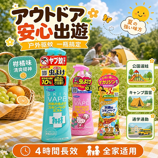 [主图4] 场景种草页 户外露营场景 柑橘味蓝绿瓶主打 粉色金色辅助。

[统一基调] 可爱软萌母婴风 明黄暖橙主色 圆润粗黑体大标题 圆角卡片 小花太阳云朵装饰 中日文混合排版 整体明亮温暖有层次感。

[画面] 蓝绿色柑橘味瓶放大放在野餐布上居中偏左，占画面40%，瓶身保留家庭图标和日文标签；野餐布为黄白格子纹，旁边放水果篮（葡萄橙子）、小帐篷背景、蓝天白云大树草地，营造户外露营清新氛围。野餐布右侧放小号粉色瓶和金色瓶，三款错落摆放。远处有小朋友和妈妈在草地上玩耍的模糊剪影（不露清晰脸），增加生活感。画面上方有太阳笑脸和飞翔的小蝴蝶装饰。

[光影质感] 自然户外日光，从右上方照射，瓶身有自然高光，底部在野餐布上有真实投影，草地帐篷背景略有虚化突出主体，整体明亮清新。

[配色] 主色明黄+草绿 强调色青绿+橙黄 标题色深棕红 正文色深咖色 标签白底绿边。

[文字版式] 顶部超大圆润粗黑主标题「アウトドア 安心出遊」，副标题「户外驱蚊 一瓶搞定」。蓝绿瓶旁圆角标签（青绿底白字）：「柑橘味 清爽提神」。画面右侧三个圆角小卡片竖向排列：卡片1「公園遛娃」；卡片2「キャンプ露营」；卡片3「通学通勤」。底部通栏圆角条（橙底白字）：「4時間長效 全家适用」。右上角小太阳图标旁日文「夏の強い味方」。全部横排文字清晰。

[输出要求] 1:1正方形 2K分辨率 文字清晰 产品清晰 负向：变形 错字 模糊 人物面部扭曲 医疗宣称 绝对化用语 水印 平台Logo
