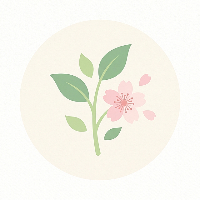 春季主题圆形简单小图画，画面包含嫩芽和樱花，简约扁平风格，纯圆形构图，色彩清新，无多余元素