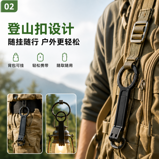 单独裁切出原图右上角第二张登山扣设计展示图，输出正方形1:1尺寸，保留原画面内容、文字和户外背包展示风格预览效果
