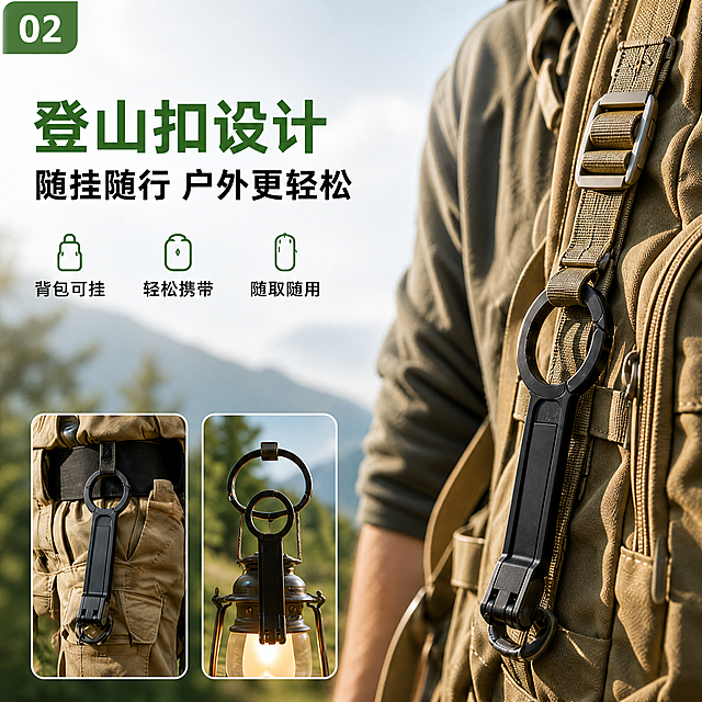 单独裁切出原图右上角第二张登山扣设计展示图，输出正方形1:1尺寸，保留原画面内容、文字和户外背包展示风格