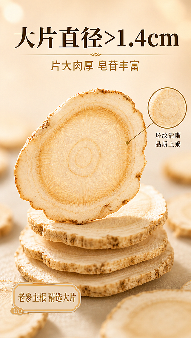 [商品] 使用【图1】人参片微距特写图；保留参片圆形切面、清晰环纹、浅黄白色泽、边缘棕褐色皮部、放射状纹理、堆叠层次感；增强切面纹理清晰度与质感，不改变颜色和结构。
[画面] 页面目标：质地细节特写，展示参片品质与皂苷丰富的视觉证据。构图：中心主体式，一片大参片斜立在堆叠的参片之上，占据画面中心；周围散落参片形成前后景虚化；右侧圆形放大框展示环纹细节；产品占画面约75%。背景：纯净暖米色渐变，简洁突出主体；前景虚化参片、中景主体参片、后景柔和光斑。
[视觉] 套系策略：风格=中式温润滋补风 高级商业摄影；标题字=宋体粗体 典雅厚重；正文字=简洁无衬线体 清晰易读；主色=暖米棕+浅金；背景延展=基于暖米棕做深浅渐变、同色系层次、细腻宣纸/木纹质感；强调色=深棕金色，仅用于小面积图标、引线、标签和装饰线条；标题色=深棕；正文色=中暖棕；组件=圆角浅底信息卡、细线引线、中式边框装饰；光影=左前侧暖柔光，柔和阴影，温润通透，参片边缘有轮廓光。
[文字] 顶部主标题：大片直径>1.4cm；副标题：片大肉厚 皂苷丰富；右侧放大框配文：环纹清晰 品质上乘；左下角标签：老参主根 精选大片；文字全部横向排版，位于画面顶部和侧边，不遮挡参片主体切面；字号保证手机端清晰可读。
[规格] 图片比例9:16竖版，4K分辨率，负向提示：避免变形、错字、文字过小、冷蓝/冷灰背景、参片颜色失真、医疗功效宣称、绝对化用语。