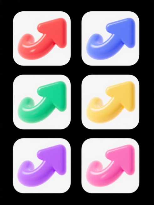 六个完全相同的3D立体风格向上箭头图标，每个箭头拥有光滑圆润的边缘、清晰的高光反射和渐变过渡效果，保持原有的弯曲弧度和锐利箭尖特征，分别填充为红色、蓝色、绿色、黄色、紫色、粉色的纯色，每个箭头置于独立的纯白色背景上，六个图标呈2行3列的规整网格状排布，整体画面简洁明快，色彩鲜明且风格统一。预览效果