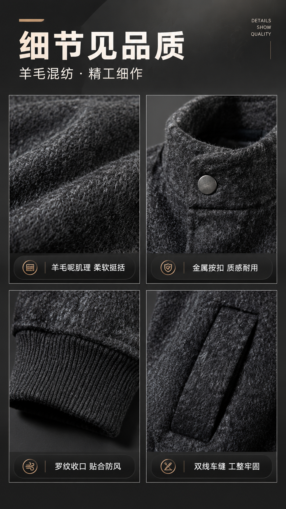 [商品] 使用【图1】深灰色立领短款羊毛呢夹克；商品处理：保留… - 图片创意预览