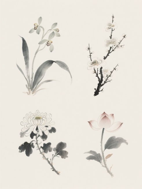 中国传统水墨风格，淡雅清新的氛围，以四个完全不同的植物元素（分别为：兰花、梅花、菊花、荷花）为主体，每个元素均采用与原图一致的柔和水墨笔触，叶片和枝干边缘有自然晕染效果，枝干线条流畅飘逸，保持统一的素雅色调但各元素可略有微妙色彩区分，所有元素规整排布于纯色背景上，形成系列素材集合，整体构图平衡，留白充足，具有传统文人画的韵味和简洁的设计感。预览效果