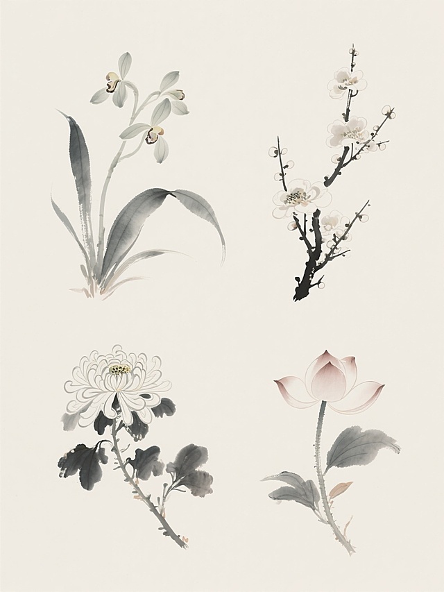 中国传统水墨风格，淡雅清新的氛围，以四个完全不同的植物元素（分别为：兰花、梅花、菊花、荷花）为主体，每个元素均采用与原图一致的柔和水墨笔触，叶片和枝干边缘有自然晕染效果，枝干线条流畅飘逸，保持统一的素雅色调但各元素可略有微妙色彩区分，所有元素规整排布于纯色背景上，形成系列素材集合，整体构图平衡，留白充足，具有传统文人画的韵味和简洁的设计感。