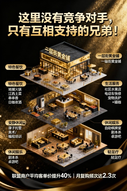 标题（顶部居中）：
这里没有竞争对手，只有互相支持的兄弟！
业态布局说明：
一层（临街黄金铺，高客流）
- 特色餐饮：地摊火锅、江西土菜、串串香、日咖夜酒
- 生活服务：社区水果店、电动车快修、宠物洗预览效果