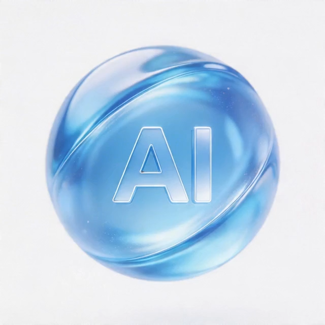 15秒的透明底视频，带有AI字样的蓝色水晶球体在原地缓慢旋转，蓝色纹理光效围绕球体转动，镜头保持固定不动，完整展示球体旋转的全景预览效果